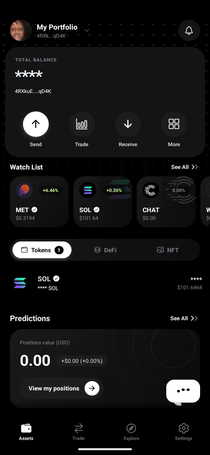 The ChatFi wallet: total balance, quick actions, a watch list and your tokens